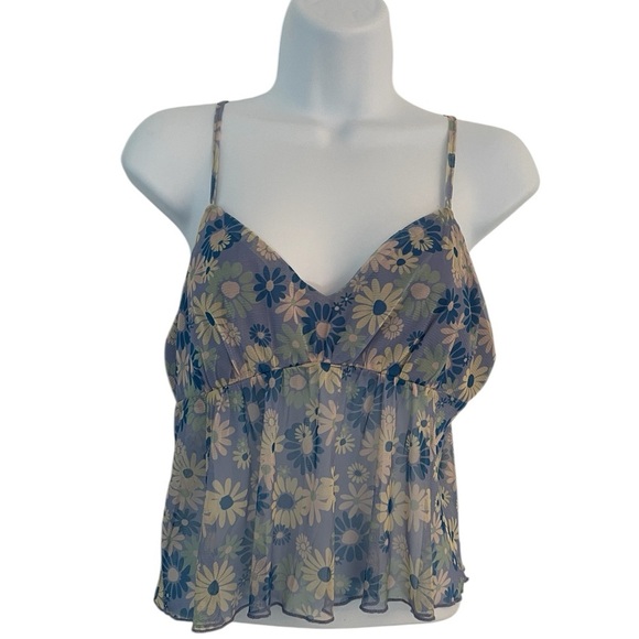 RSQ Womens Daisy Mesh size Large 
Cami  BLUE floral cropped sleeveless sheer top - Picture 3 of 7